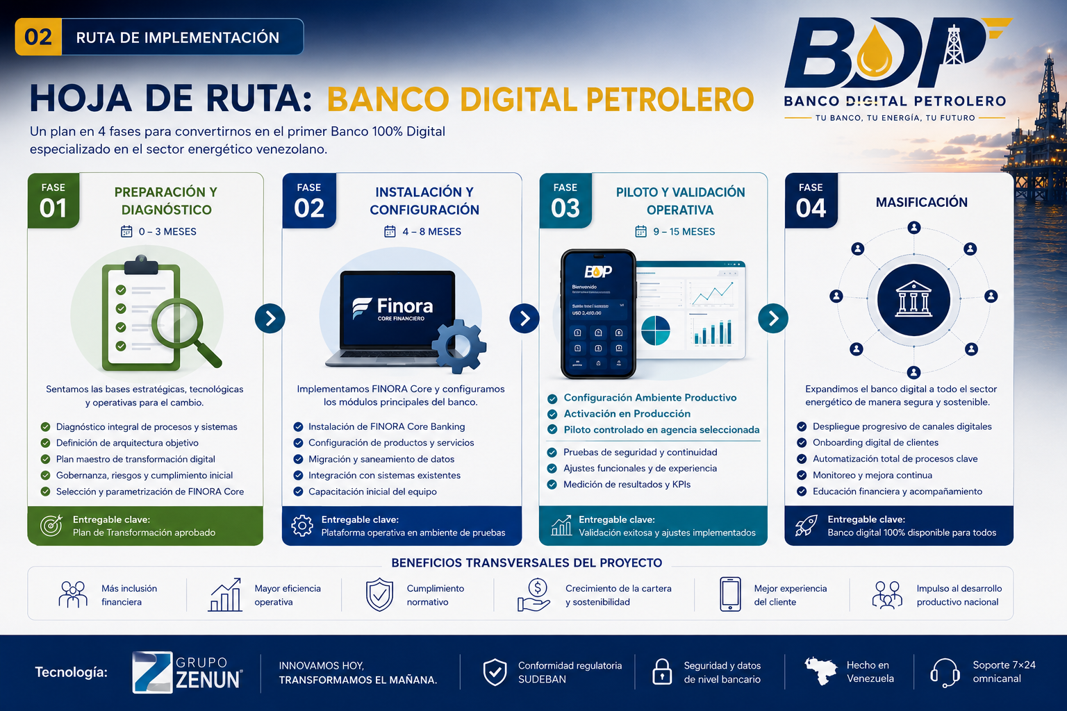 Hoja de ruta BDP — 4 fases: preparación, instalación, piloto y masificación
